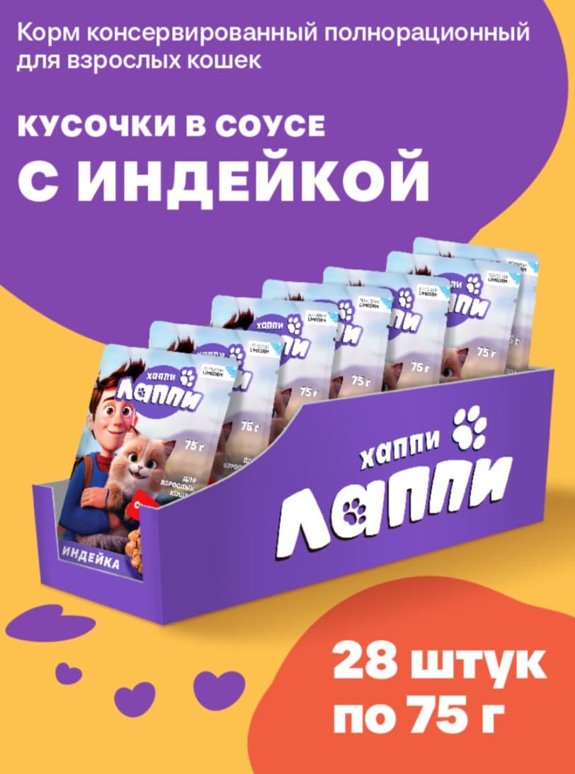 Влажный корм для кошек Хаппи Лаппи Adult Cat (индейка)