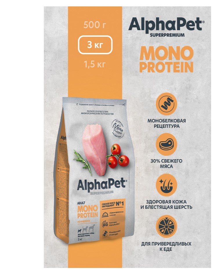 Сухой корм для собак мелких пород AlphaPet Monoprotein Adult Dog Small (индейка)