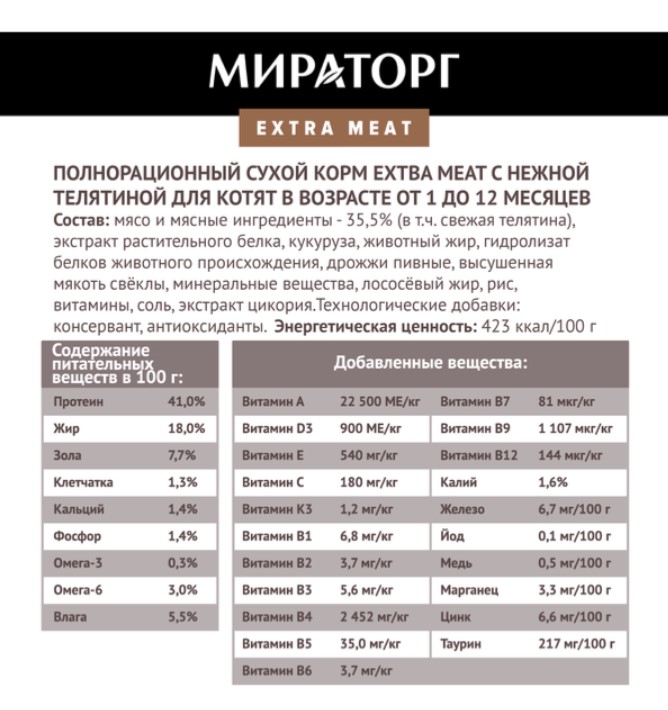 Мираторг Сухой корм для котят c нежной телятиной Extra Meat 