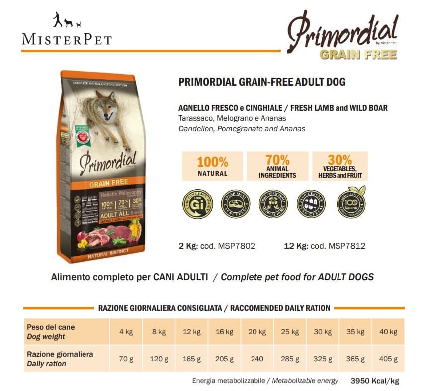 Каталог Сухой корм для собак Primordial Dog Adult с диким кабаном и ягнёнком для собак