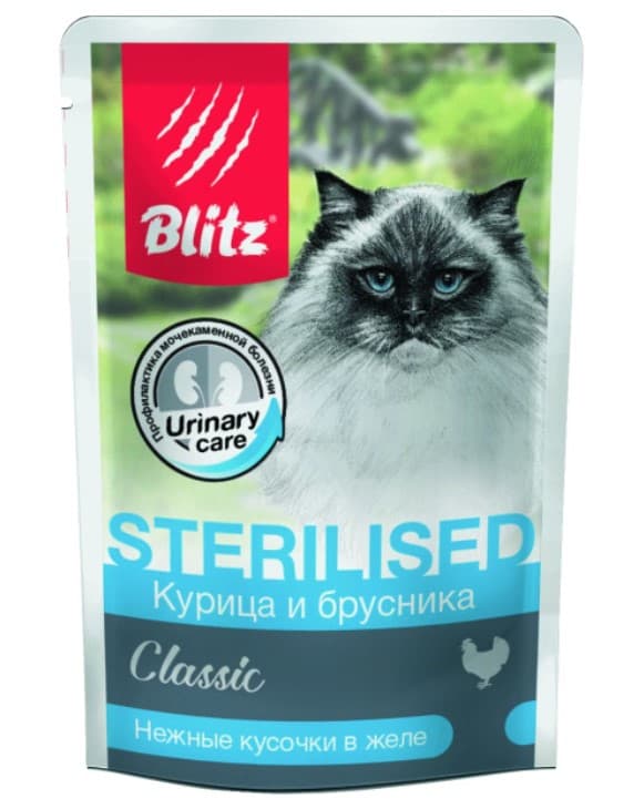 Влажный рацион для кошек Blitz Classic Sterilised Adult Cat All Breeds in Jelly (курица, брусника)