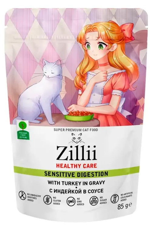 Влажный корм для кошек ZILLII HEALTHY CARE Sensitive Digestion Adult Cat в соусе (индейка)