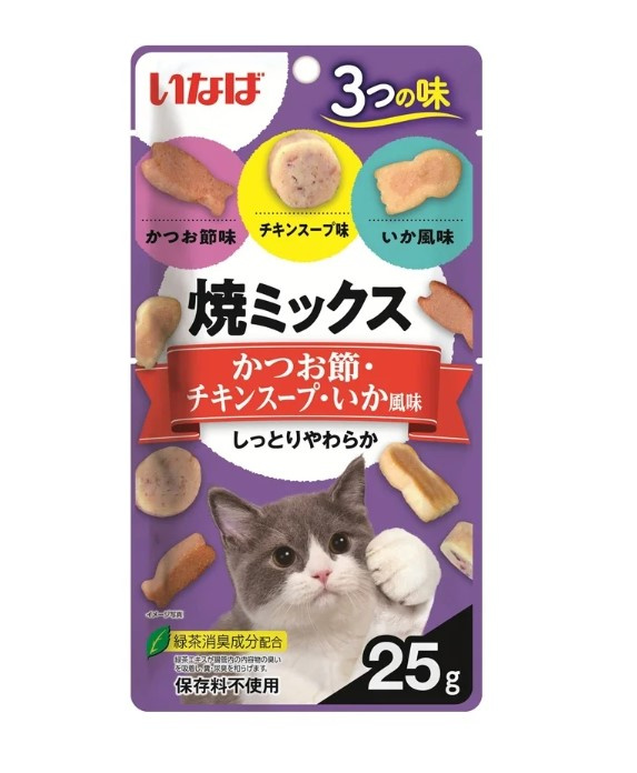 Лакомствo для кошек Inaba Yaki Miksu Нежные кусочки (курица с кацуобуси, куриный бульон, кальмар)