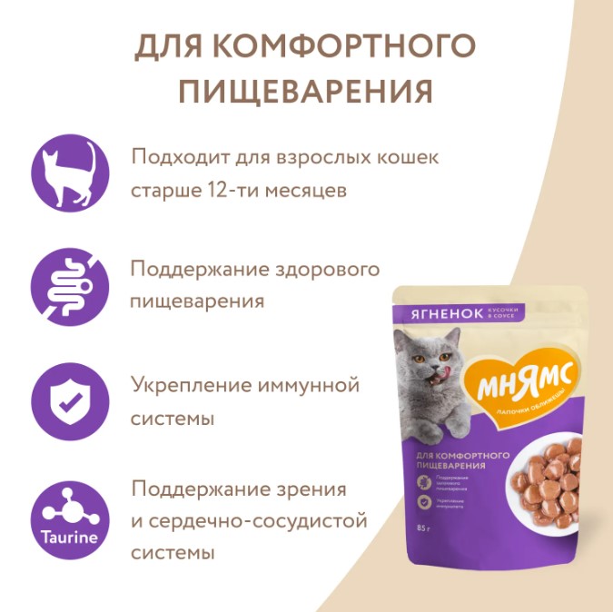 Влажный корм Мнямс Кусочки в соусе с ягненком для комфортного пищеварения у кошек